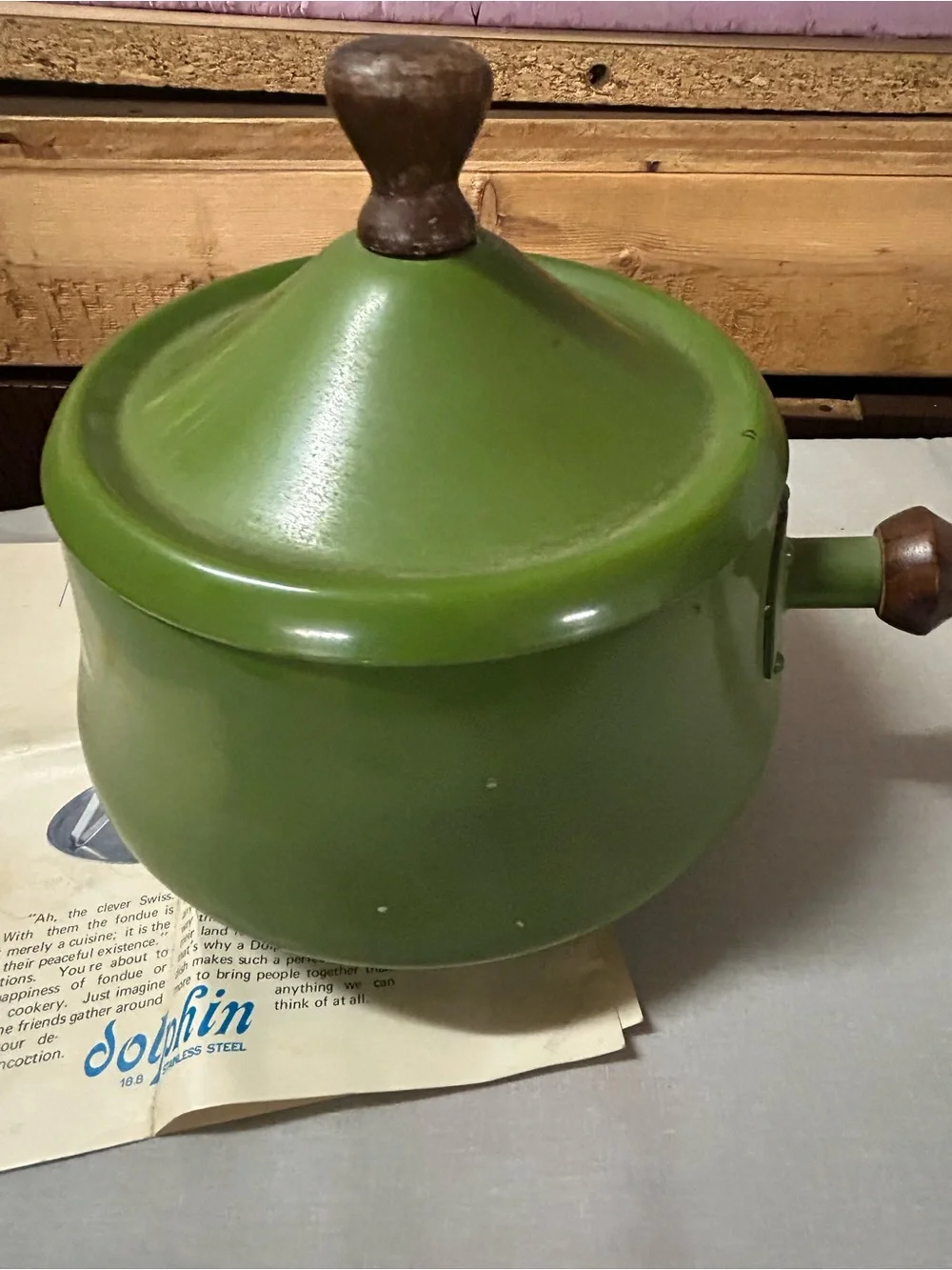Vintage Green Enamel Fondue Pot with Wooden Handle